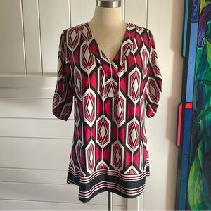 $10 SALE Red & Black Geometric Blouse PerSeption Concept Short Sleeve Top Casual